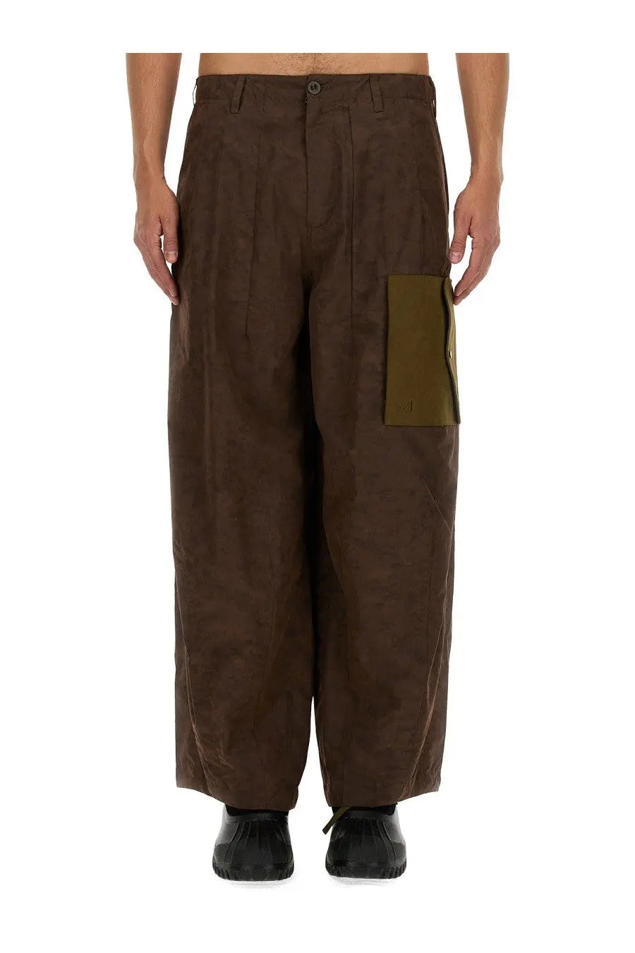 Brown wide-leg cargo pants with contrasting olive green patch pocket by ten c and awake ny in ten green color