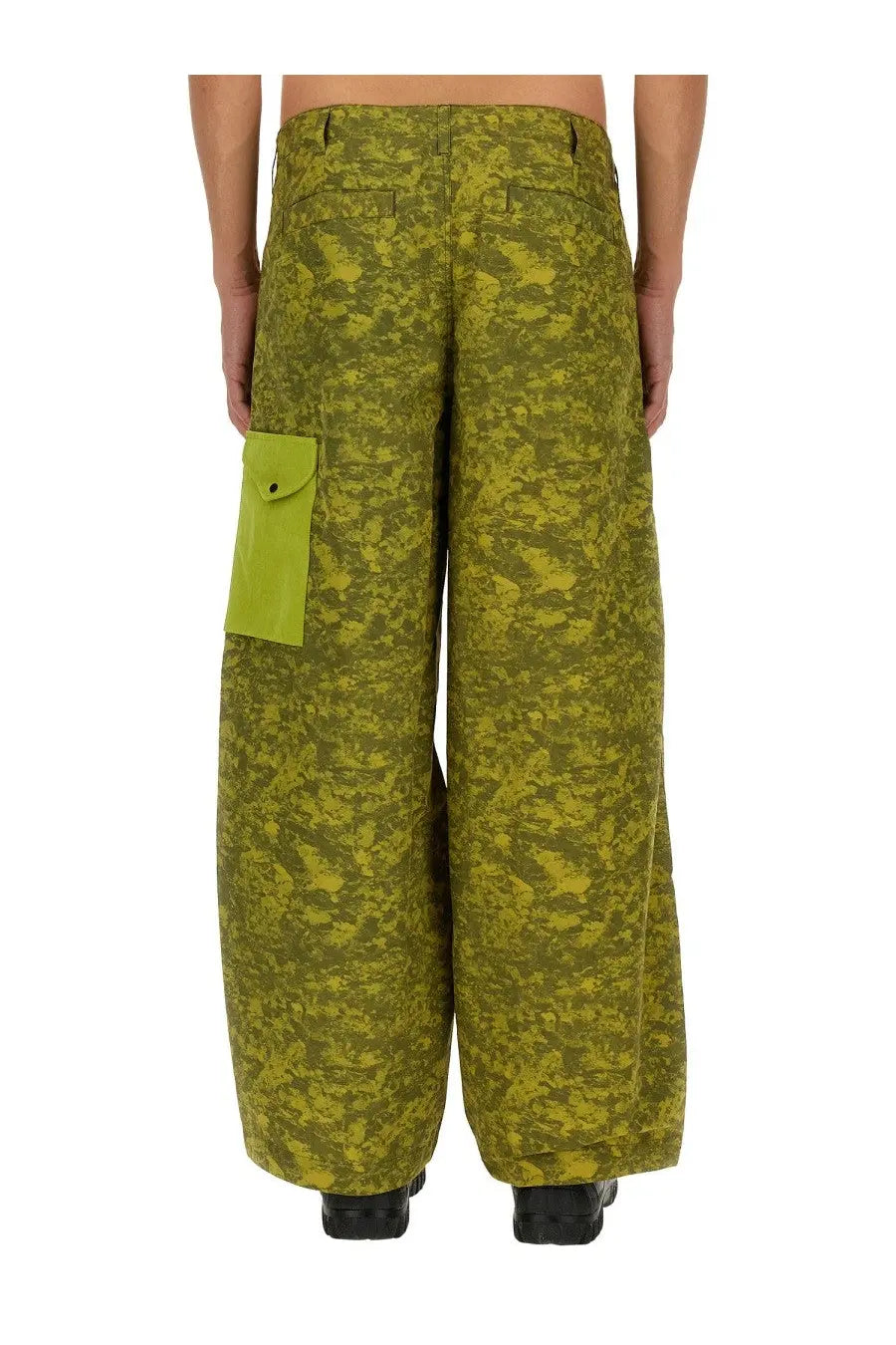 Olive green camouflage wide-leg ten c men’s cargo pants with contrasting lime green patch pocket by awake ny
