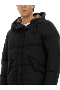Ten C men’s down jacket Arctic Black black quilted puffer with hood lined in tan fabric front view