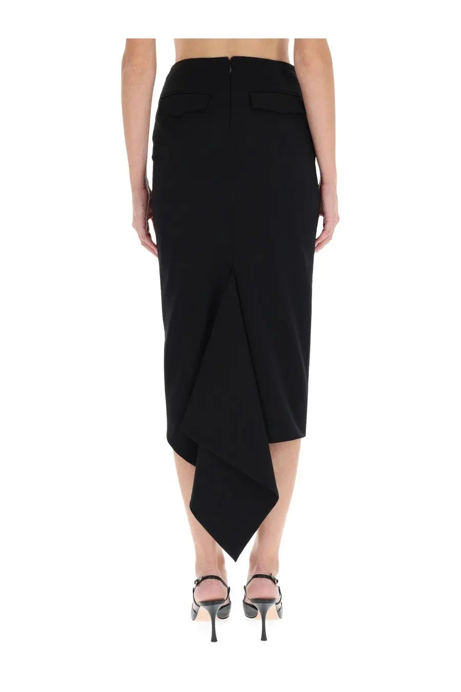 Thelatest women’s bree midi skirt black with asymmetrical draped front panel and two back pockets shown from the back