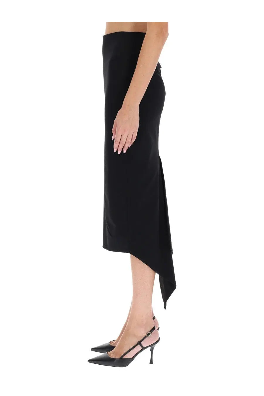 Thelatest women’s bree midi skirt black features an asymmetrical sleek tailored fit with side slit in black fabric