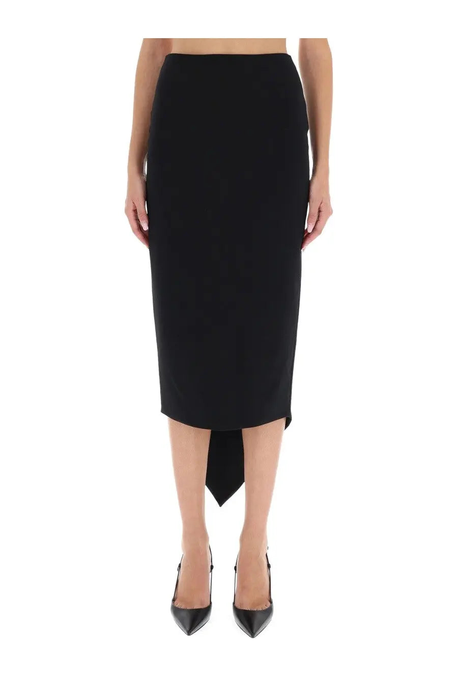 Thelatest women’s bree midi skirt black high-waisted pencil style with asymmetrical hemline front view