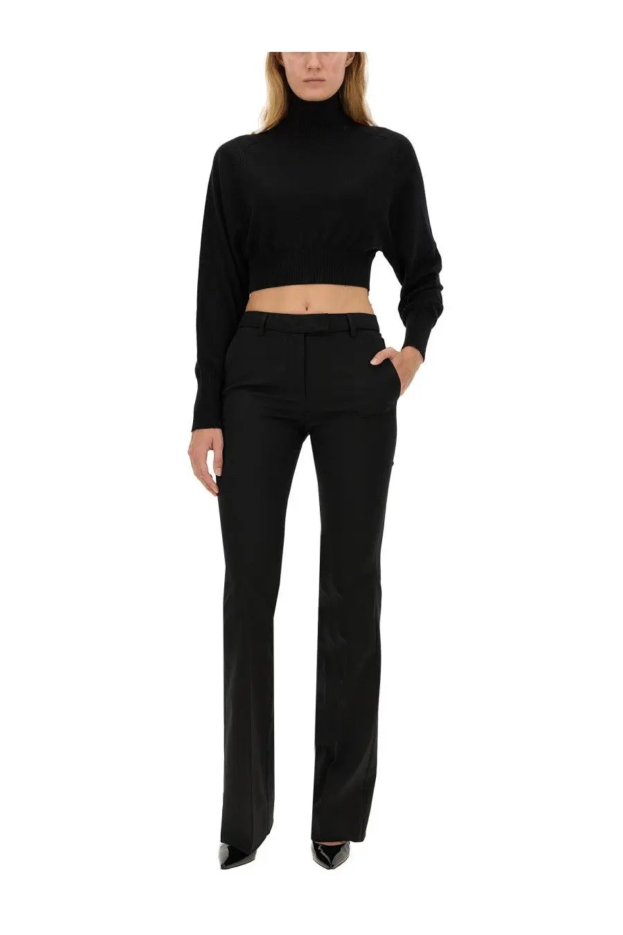 Thelatest women’s black high-neck cropped sweater with long sleeves and a fitted silhouette