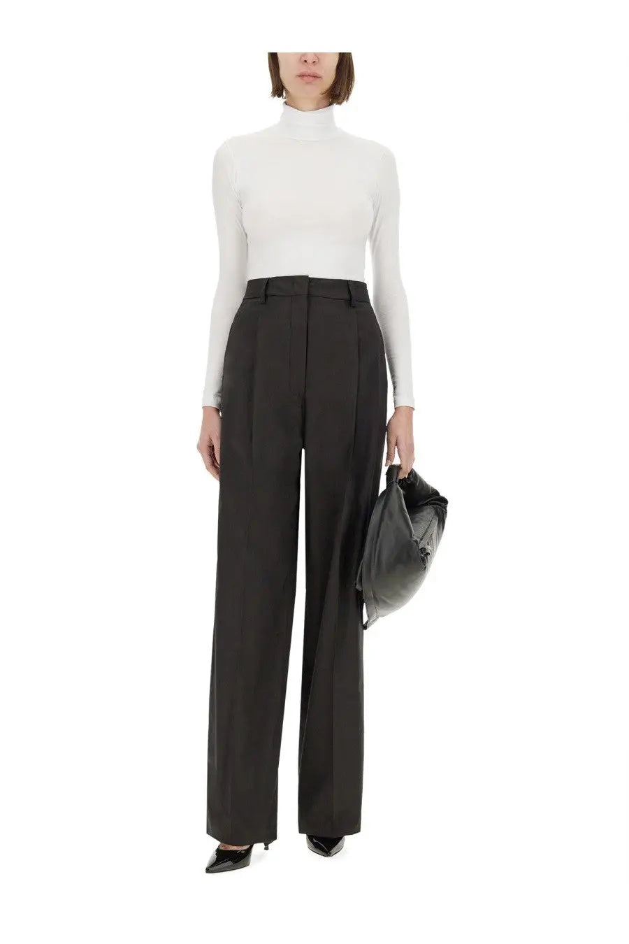 Thelatest women’s poplin pants black high-waisted wide-leg trousers with structured tailored fit and front pleats
