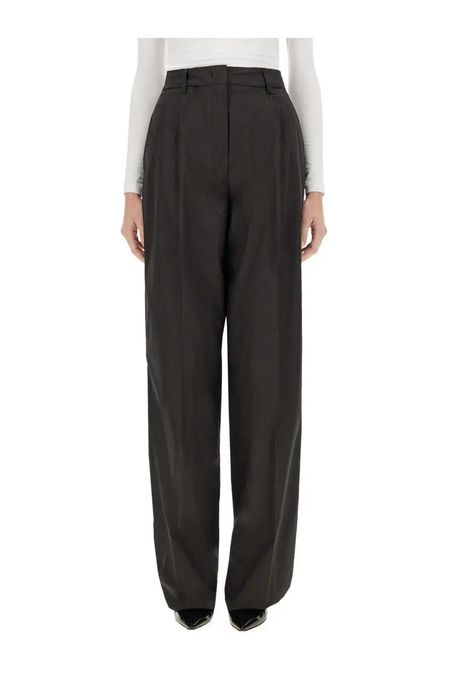 Black high-waisted wide-leg poplin trousers for women with a sleek tailored fit from Thelatest