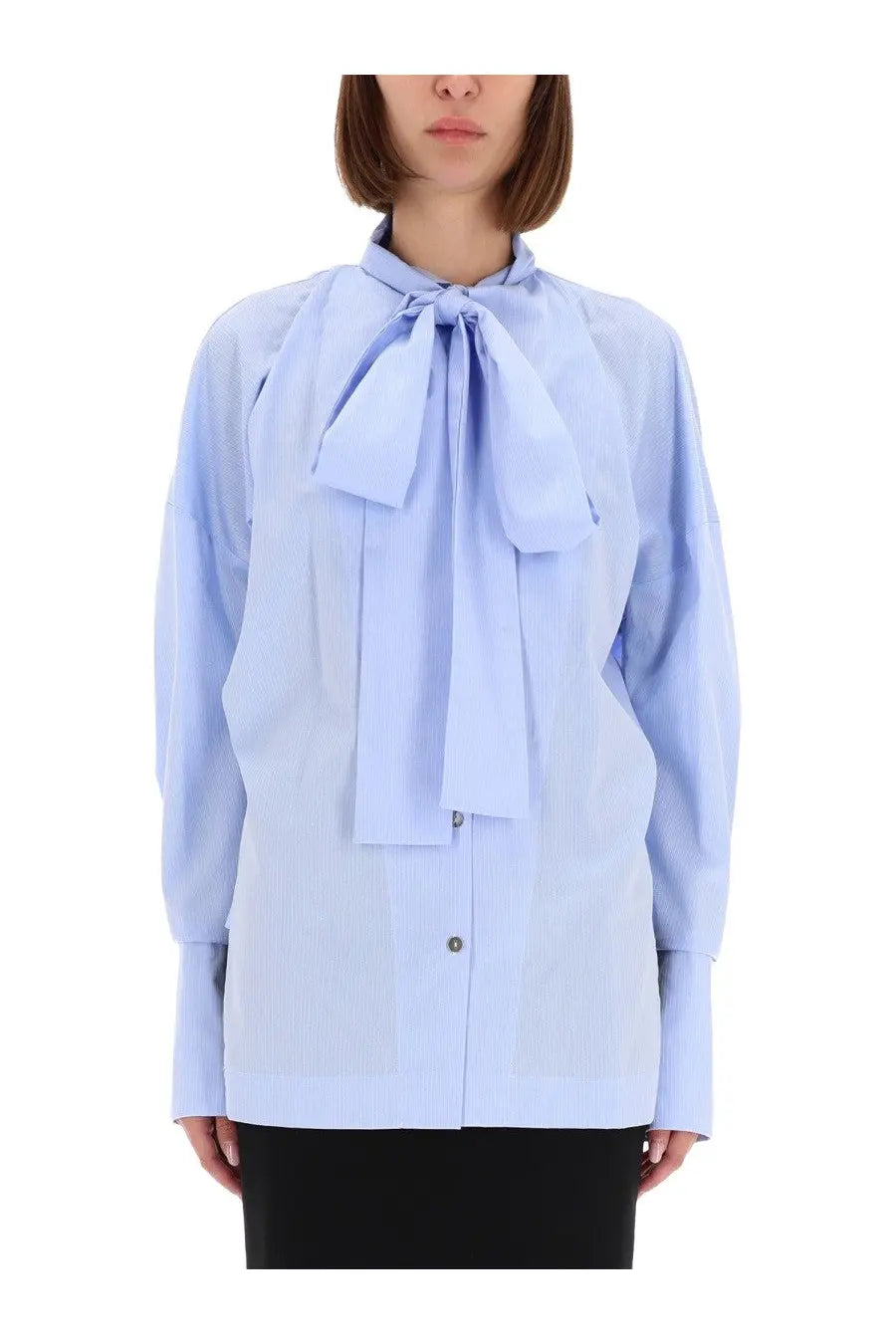 Thelatest women’s shirt Cecilia blue light blue long-sleeved blouse with bow neckline and subtle vertical ribbing