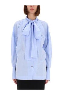 Thelatest women’s shirt Cecilia blue light blue long-sleeved blouse with bow neckline and subtle vertical ribbing