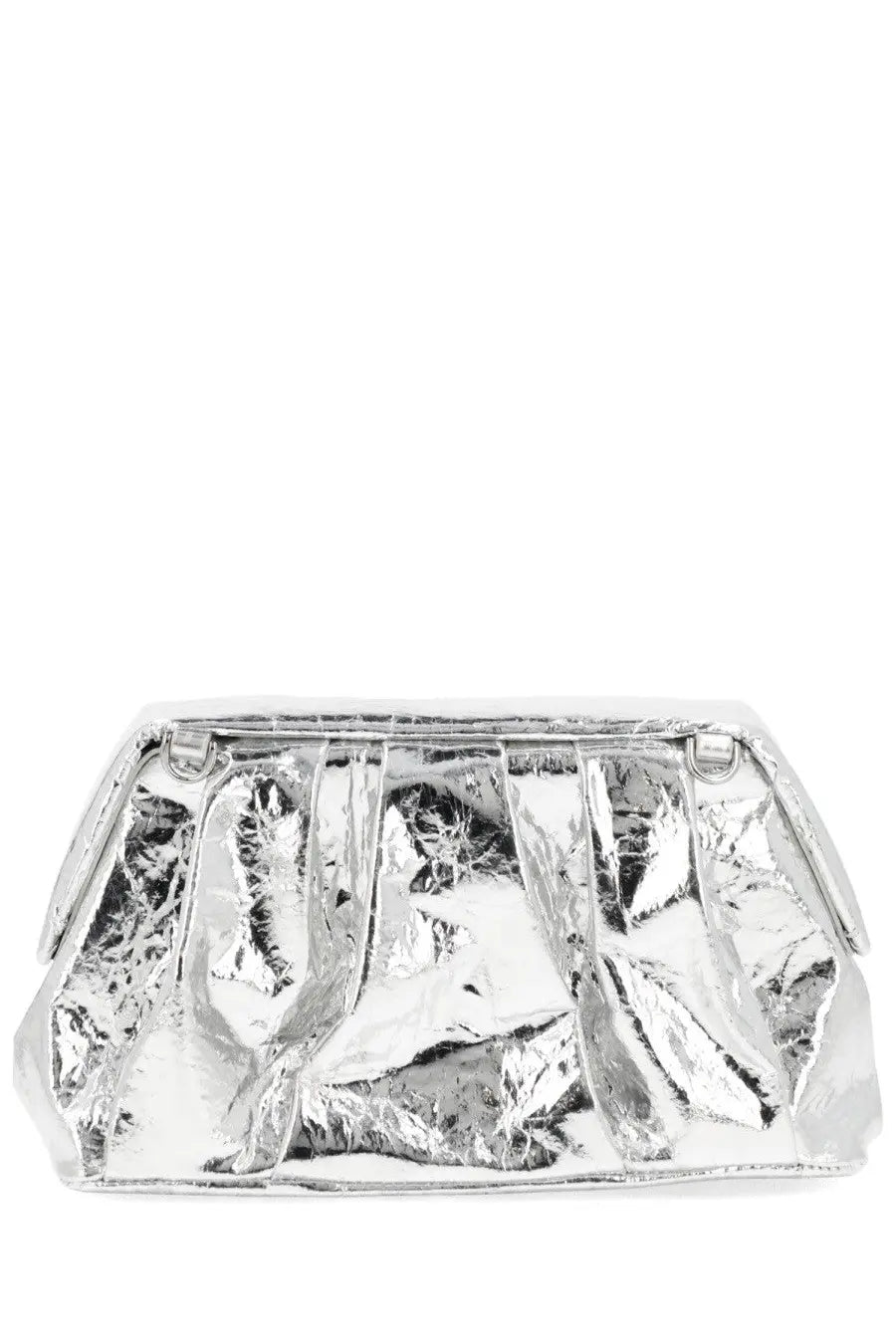 Themoirè women’s aphrodite silver clutch bag with a crinkled metallic textured surface and structured design