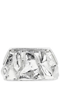Themoirè women’s aphrodite silver clutch bag with a crinkled metallic textured surface and structured design