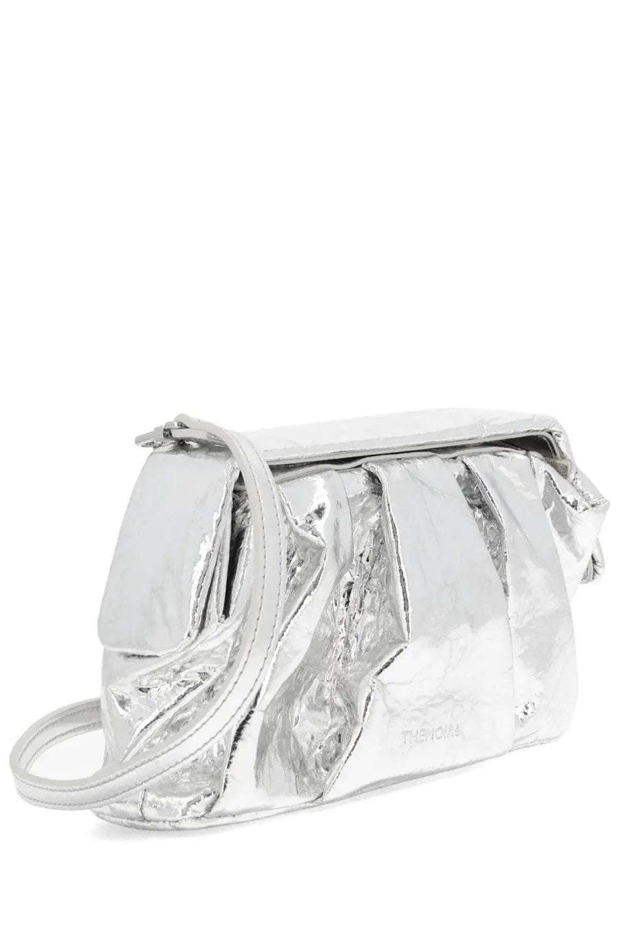 Themoirè women’s aphrodite bag silver metallic clutch with crinkled reflective surface and sleek shoulder strap
