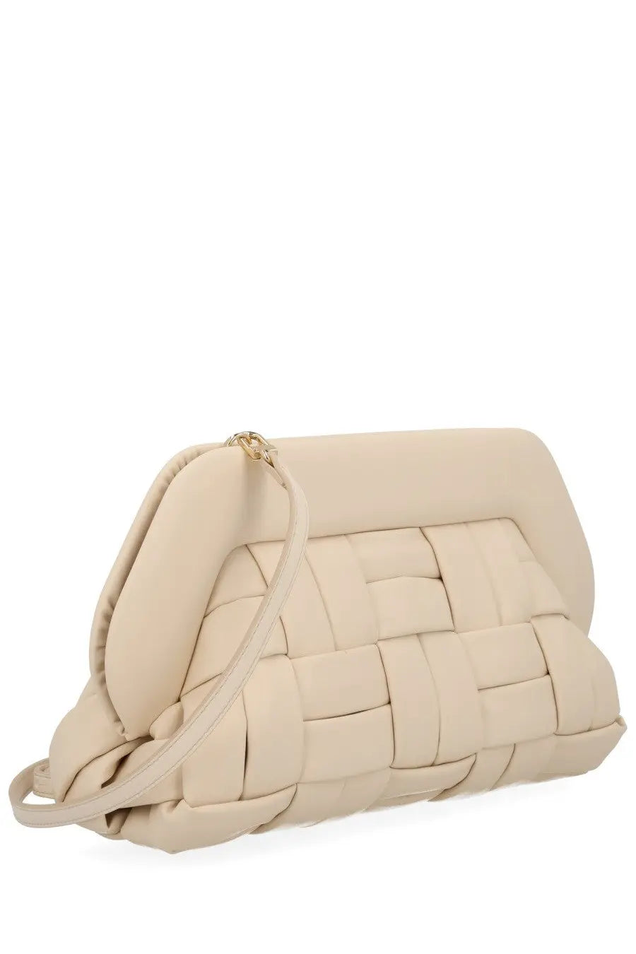 Cream-colored woven leather clutch with structured quilted design and gold-tone hardware from Themoirè women’s bag bios white collection