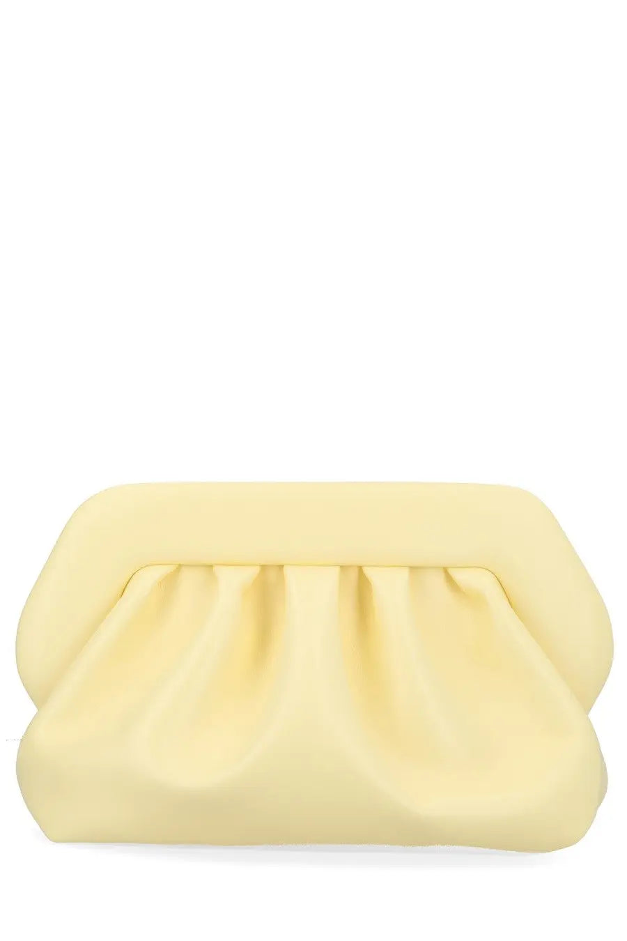 A soft pale yellow clutch bag with plush ruched design and smooth structured edges from themoirè bios collection