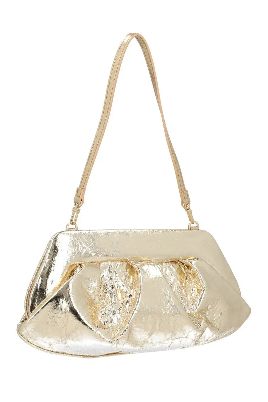 Themoirè women’s bag emera gold shimmering gold metallic clutch with crinkled texture and elegant curved design