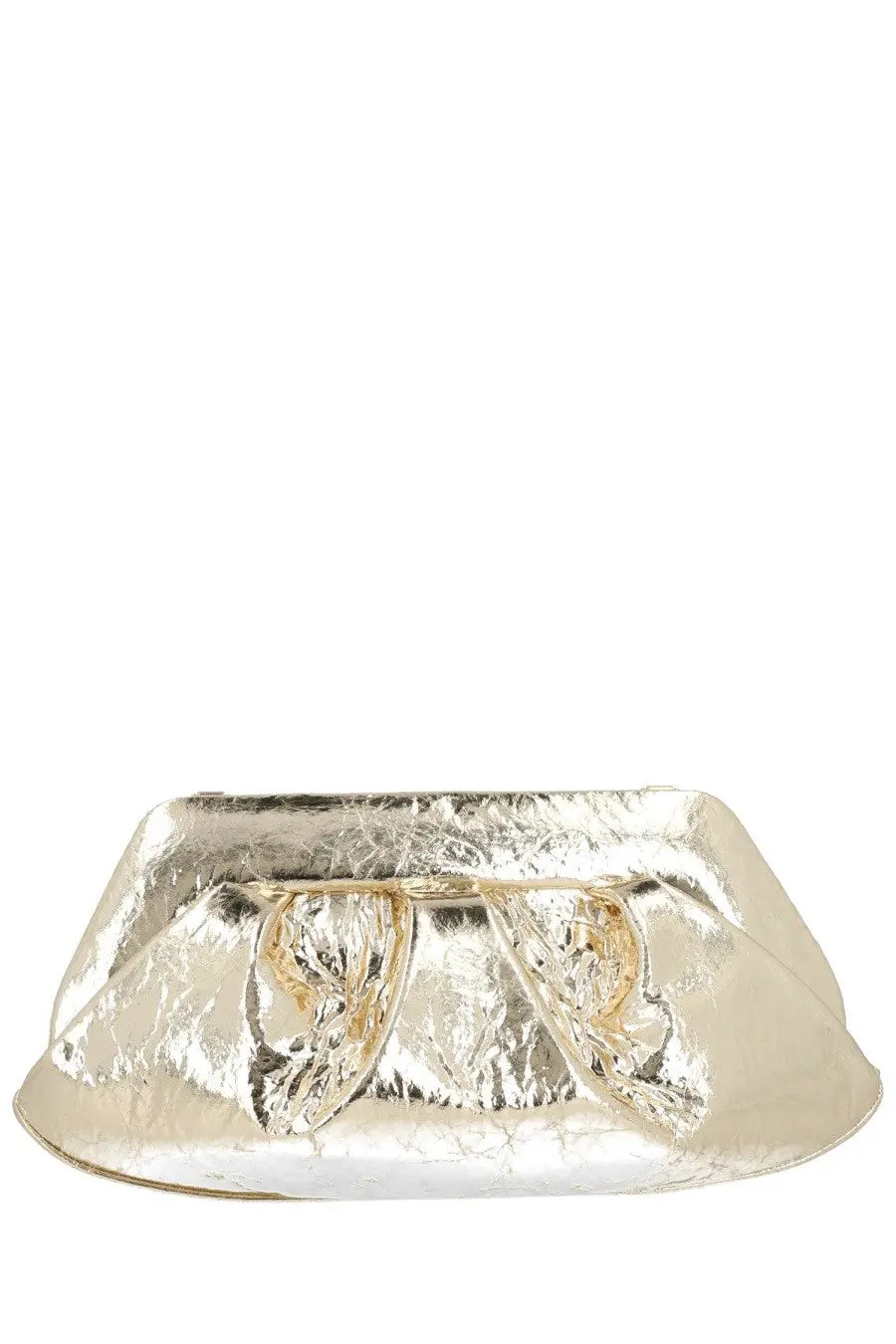 A metallic silver clutch with textured crinkled surface and ornate gold toned clasp from Themoirè women’s bag Emera Gold collection