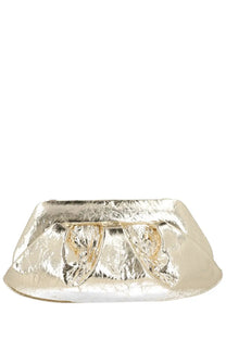 A metallic silver clutch with textured crinkled surface and ornate gold toned clasp from Themoirè women’s bag Emera Gold collection