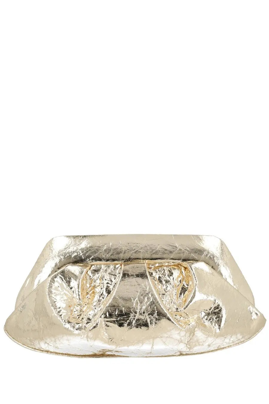 Themoirè women’s clutch bag in crinkled silver with textured metallic finish and gold-toned circular accents