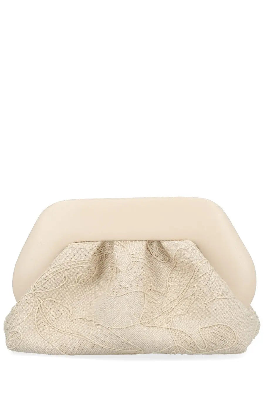 Cream-colored themoirè women’s bios bag white clutch with delicate embroidered leaf patterns on textured fabric surface
