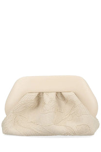 Cream-colored themoirè women’s bios bag white clutch with delicate embroidered leaf patterns on textured fabric surface