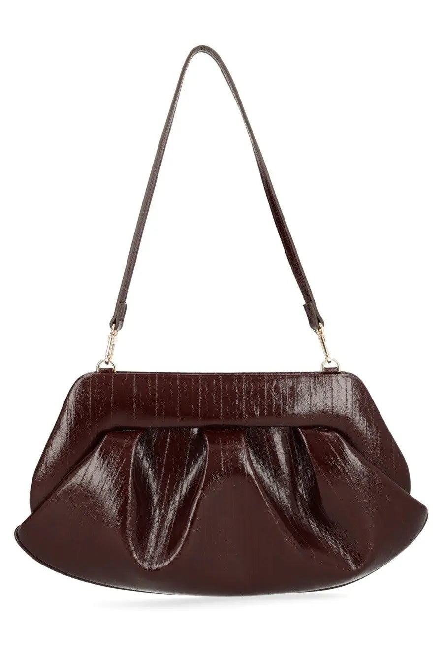 Themoirè women’s bios baguette bag in glossy burgundy leather with pleated design and matching shoulder strap