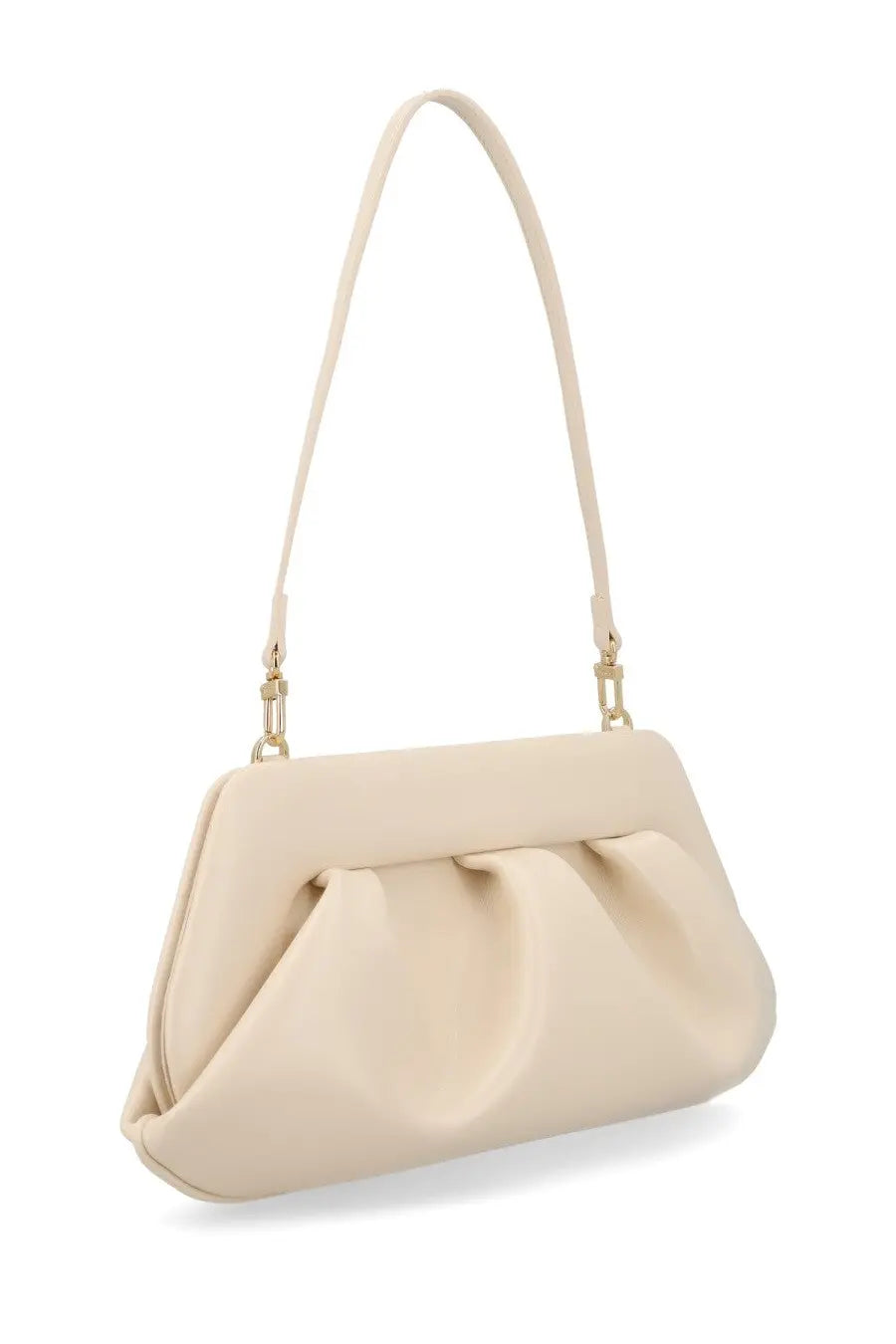 Cream-colored faux leather clutch bag with soft ruched front and slender shoulder strap by Themoirè Women