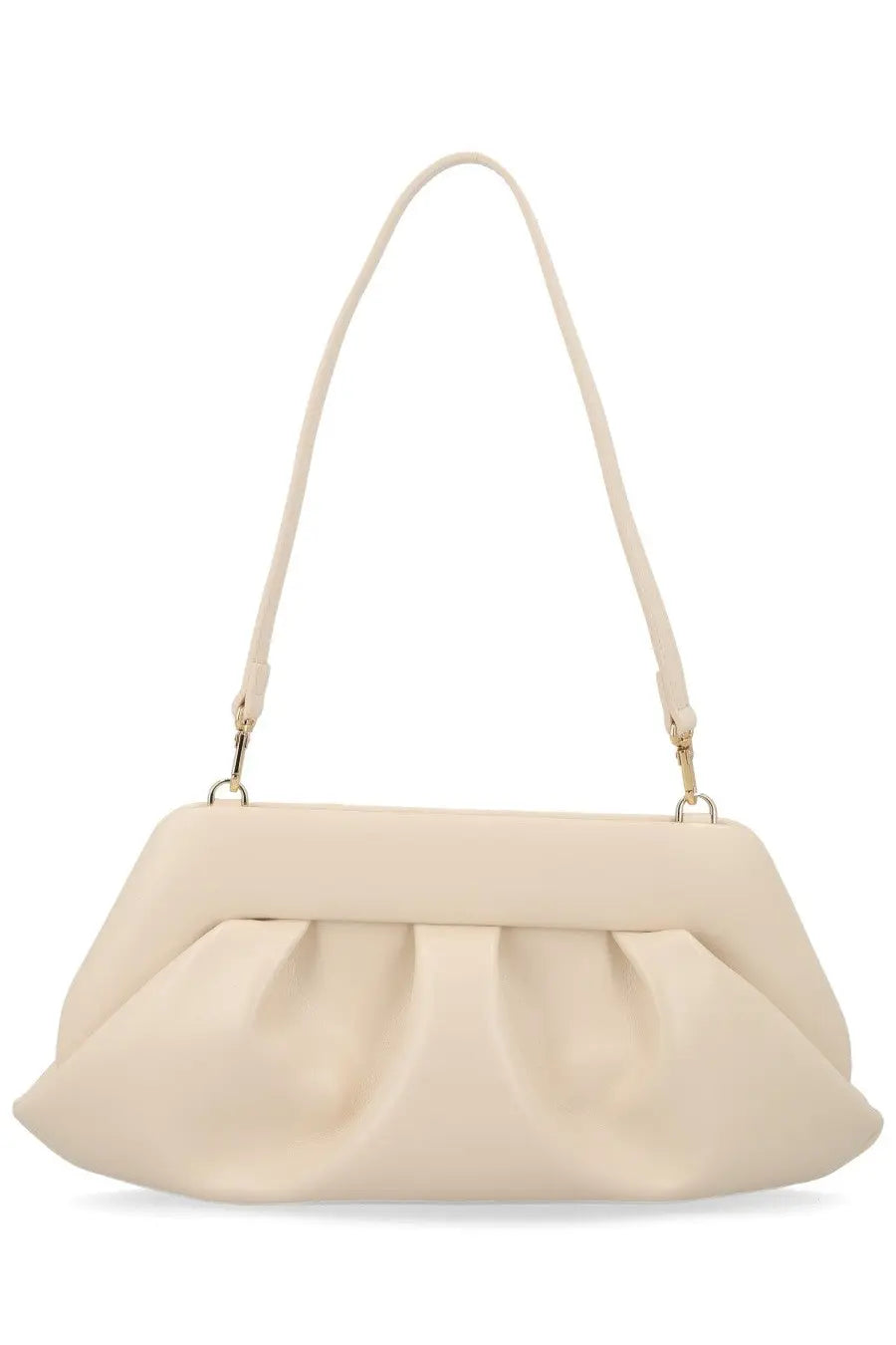 Cream-colored soft leather clutch with draped ruched design and slender shoulder strap themoirè women’s borsa bios baguette beige