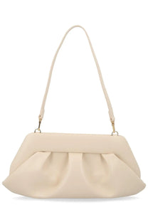 Cream-colored soft leather clutch with draped ruched design and slender shoulder strap themoirè women’s borsa bios baguette beige