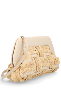 Cream-colored Themoirè womens Borsa Bios large clutch bag with woven raffia and leather accents in beige