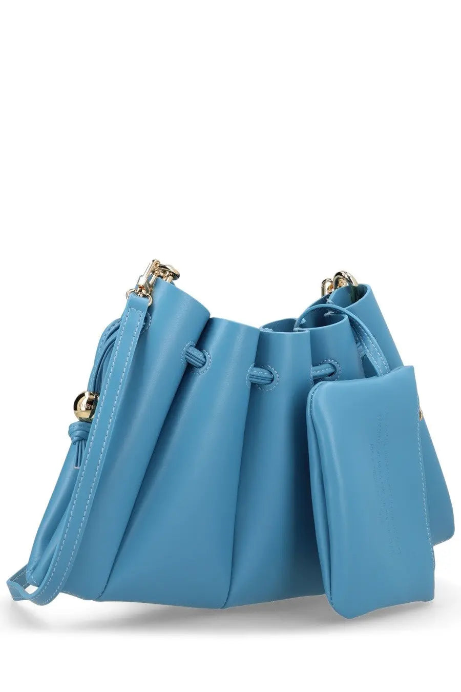 Themoirè women’s borsa calipso blue light blue leather bucket bag with gold hardware and a detachable shoulder strap
