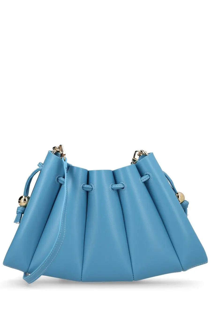 Themoirè women’s borsa calipso blue light blue pleated leather bucket bag with gold tone hardware and drawstring closure