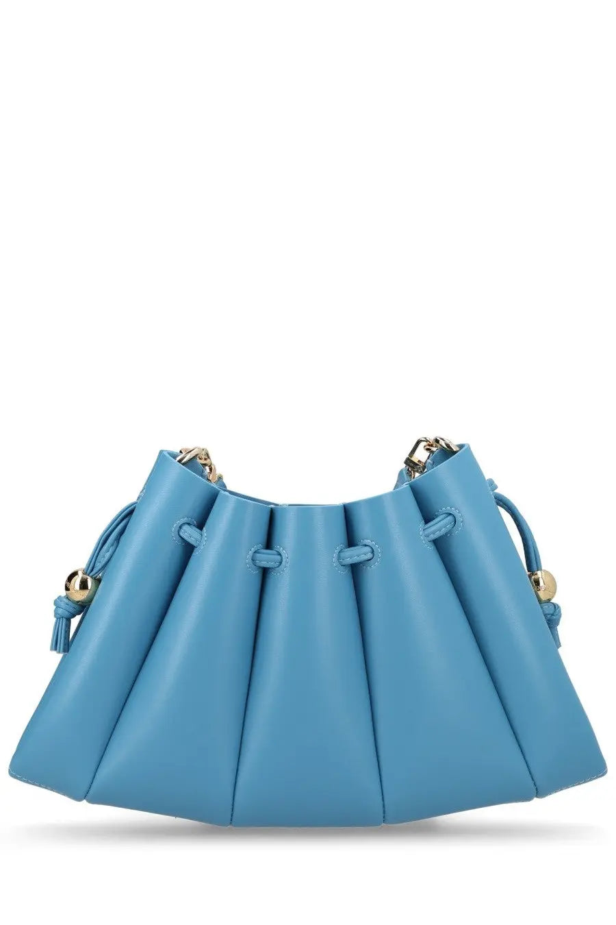 Themoirè women’s borsa calipso blue light blue pleated leather bucket bag with gold-tone hardware and drawstring handles