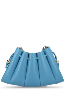Themoirè women’s borsa calipso blue light blue pleated leather bucket bag with gold-tone hardware and drawstring handles