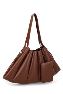 Brown leather bucket bag with drawstring closure and detachable shoulder strap from themoirè borsa calipso collection