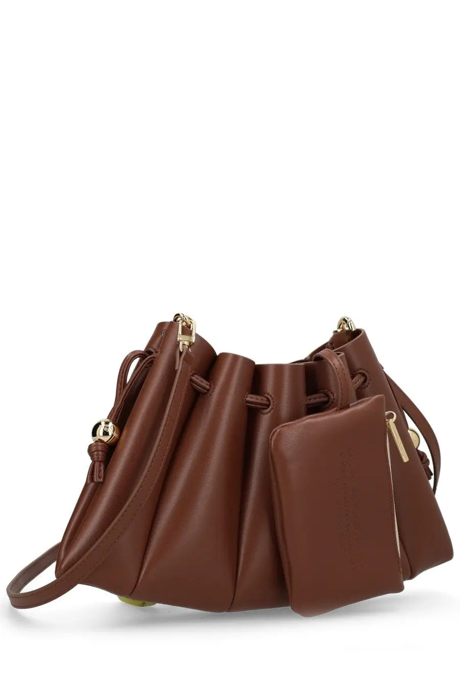 Themoirè womens borsa calipso brown leather bucket bag with gold tone hardware and detachable shoulder strap