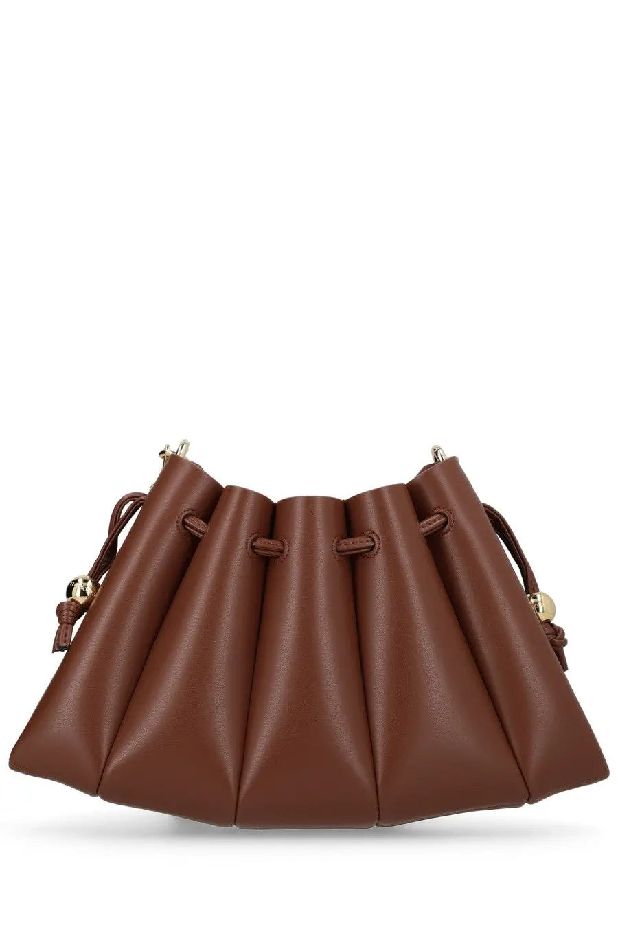 Themoirè womens borsa calipso brown leather bucket bag with pleated design and gold tone hardware