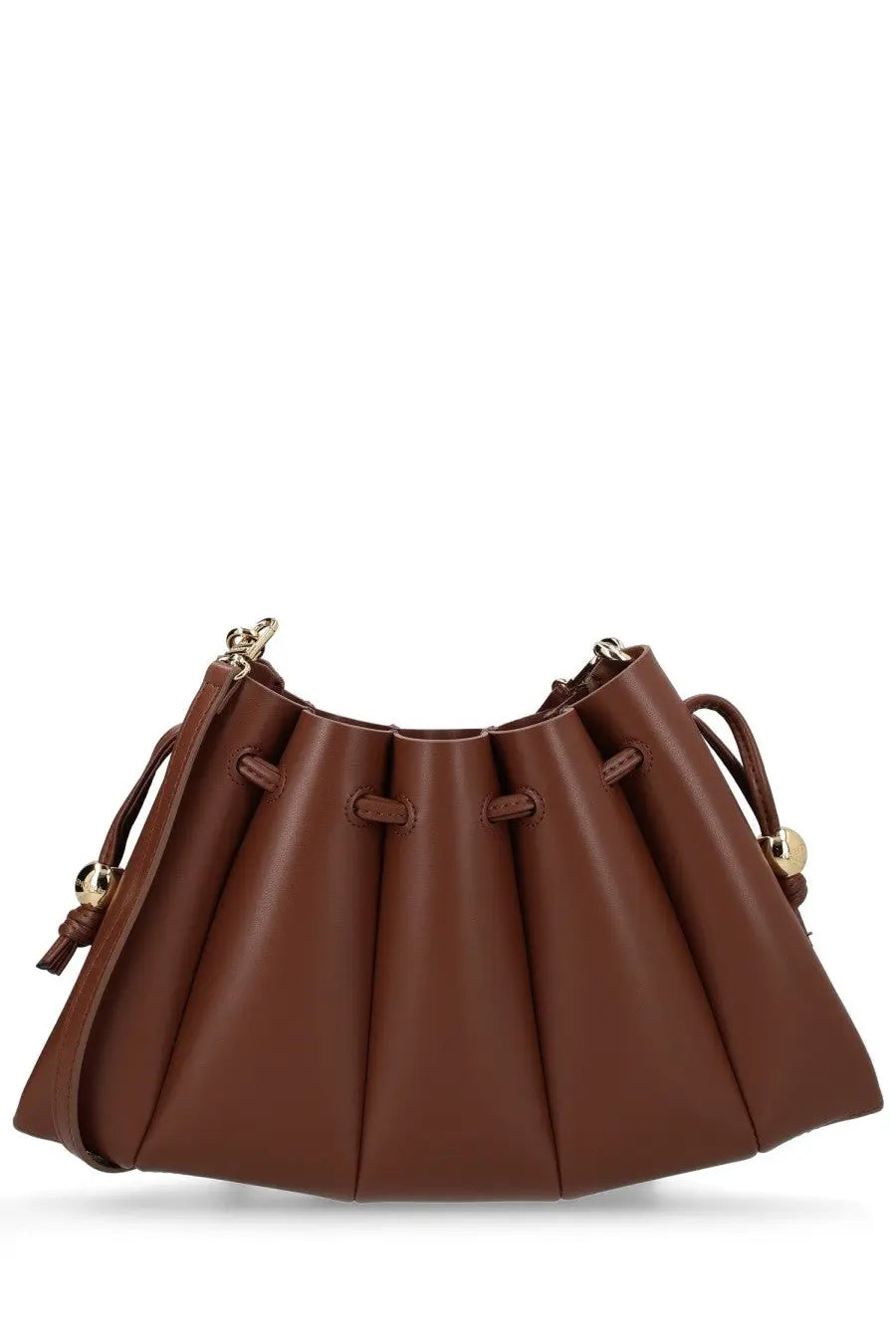 Themoirè women’s borsa calipso brown leather bucket bag with pleated design and gold tone hardware