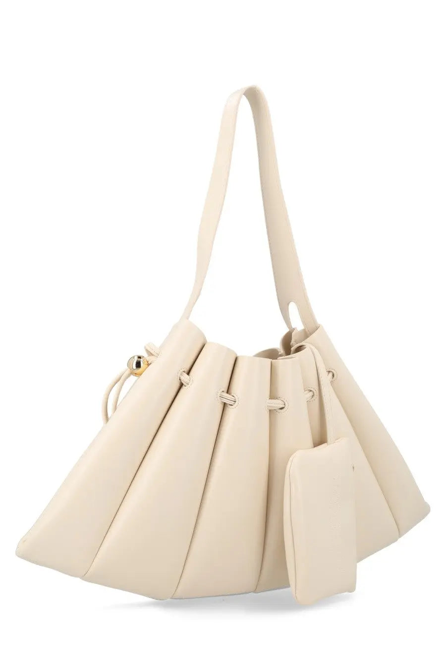 Themoirè women’s borsa calipso white cream pleated leather bucket bag with gold drawstring closure and detachable pouch