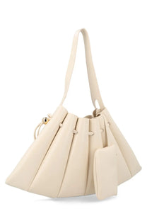 Themoirè women’s borsa calipso white cream pleated leather bucket bag with gold drawstring closure and detachable pouch