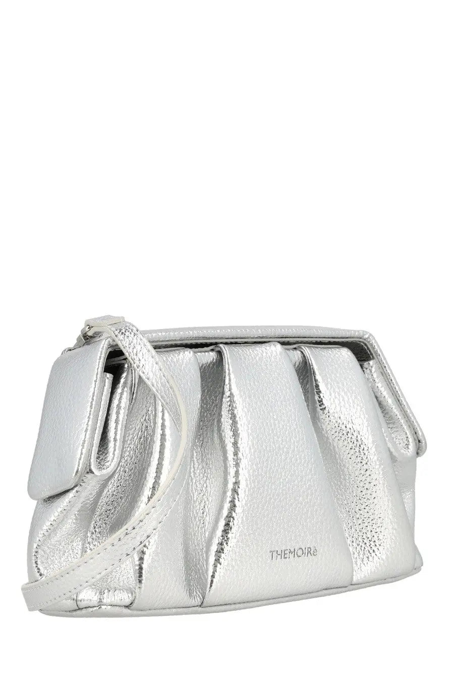 Themoirè women’s clutch bag athena silver featuring a silver metallic textured pleated design with adjustable strap