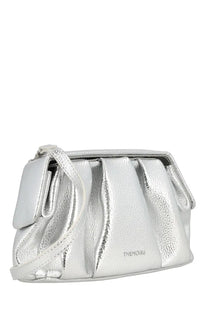 Themoirè women’s clutch bag athena silver featuring a silver metallic textured pleated design with adjustable strap