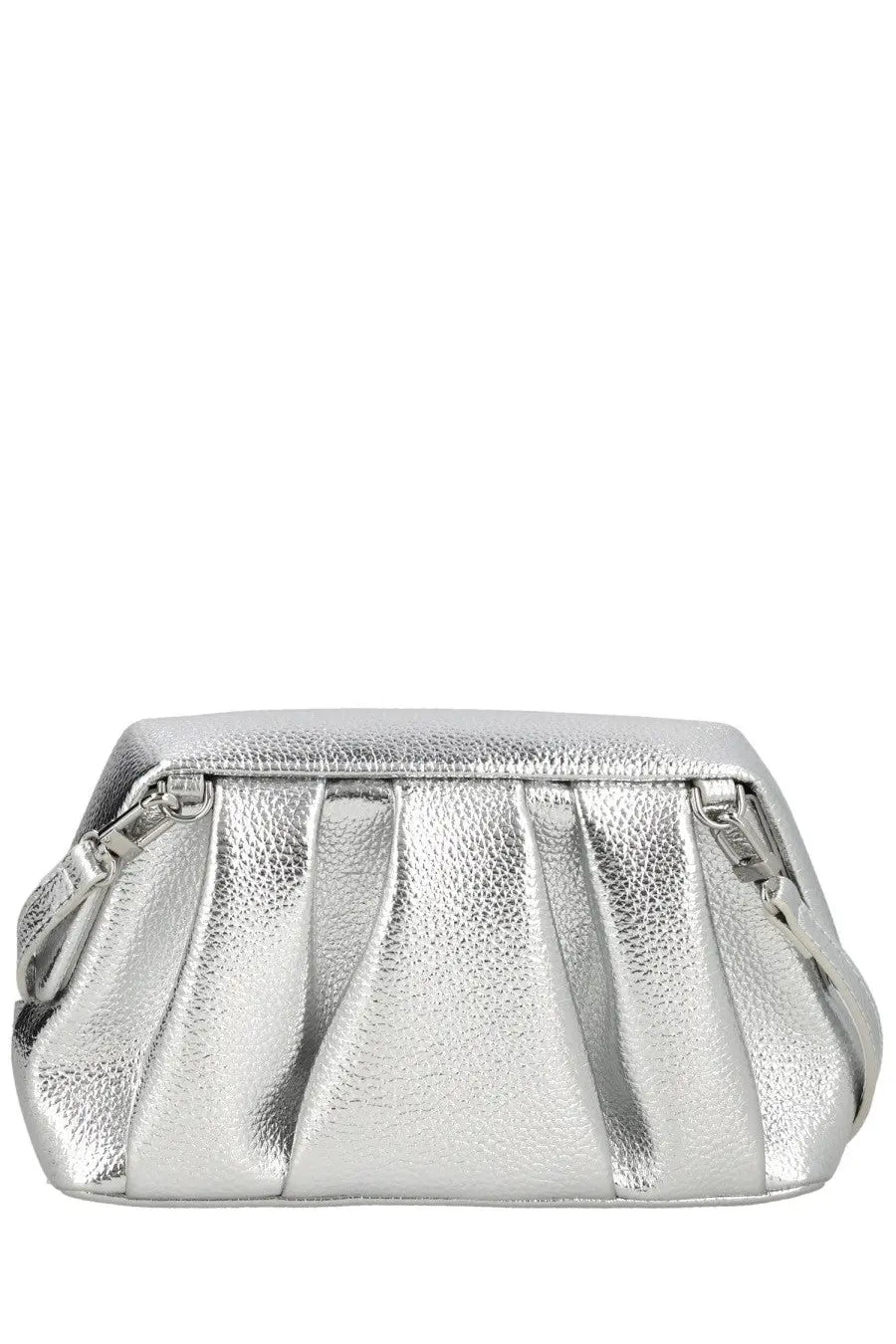 Themoirè women’s clutch bag Athena silver with textured pebbled leather finish and vertical pleats in silver metallic