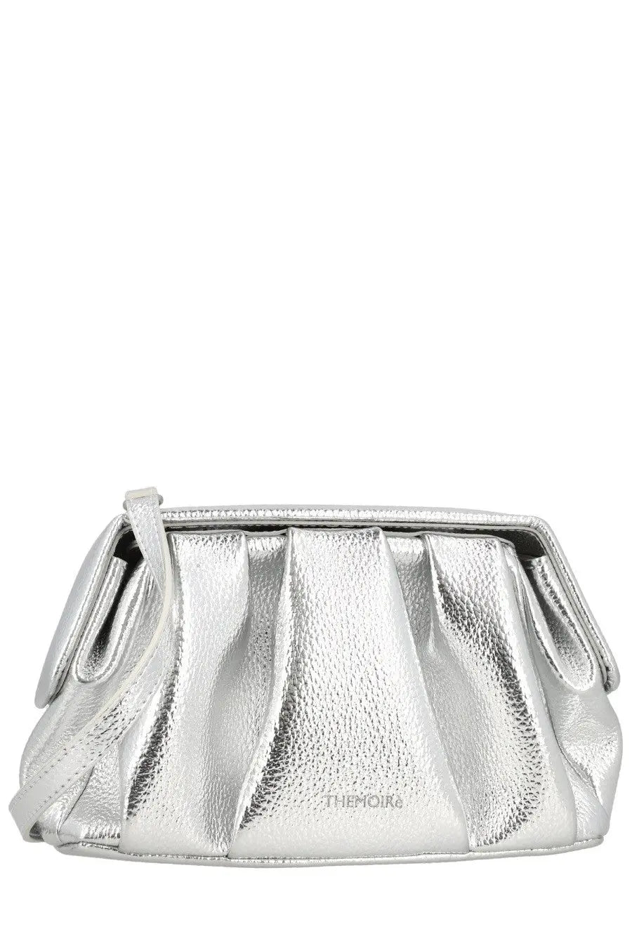 Themoirè women’s silver metallic clutch bag with textured pleated design and themor embossed branding on the front