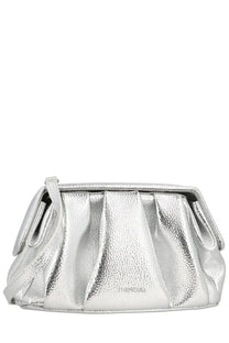 Themoirè women’s silver metallic clutch bag with textured pleated design and themor embossed branding on the front