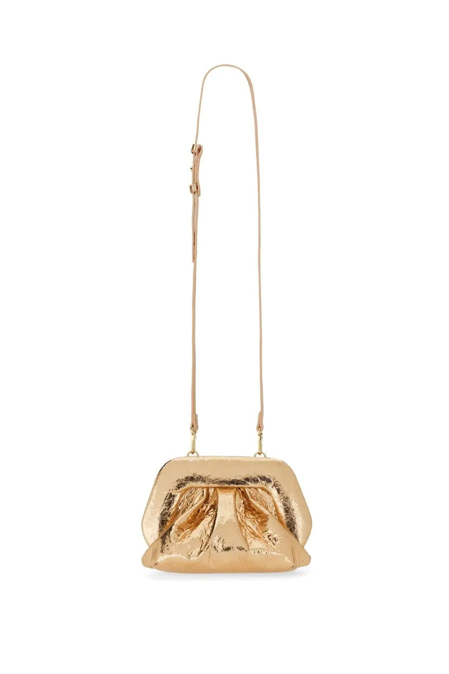 Themoirè women’s gold metallic clutch bag with a distinctive bow design and slender shoulder strap