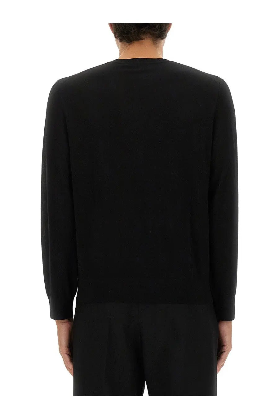 Theory men’s wool jersey black long-sleeved knit sweater with simple crew neck and smooth uniform texture