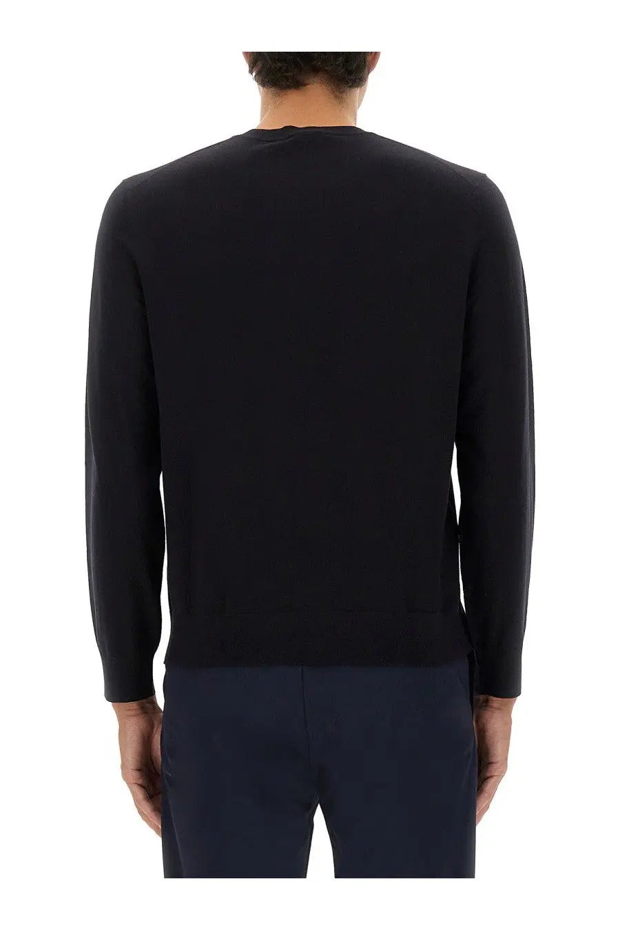Theory men’s black wool crewneck sweater with long sleeves and jersey fabric for versatile layering