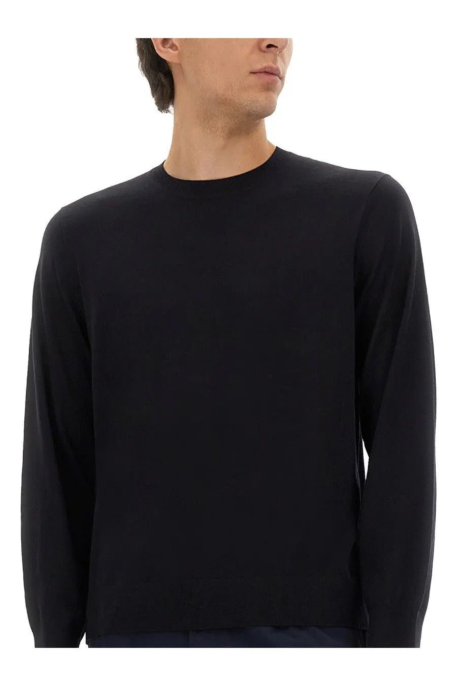 Black long-sleeved crewneck wool sweater with smooth minimalist design from theory men’s wool jersey blue collection