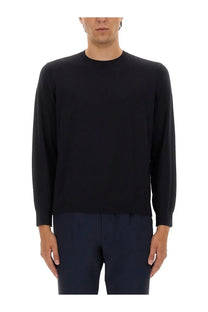 Theory men’s wool jersey blue black long-sleeved crewneck sweater with smooth fine-knit texture