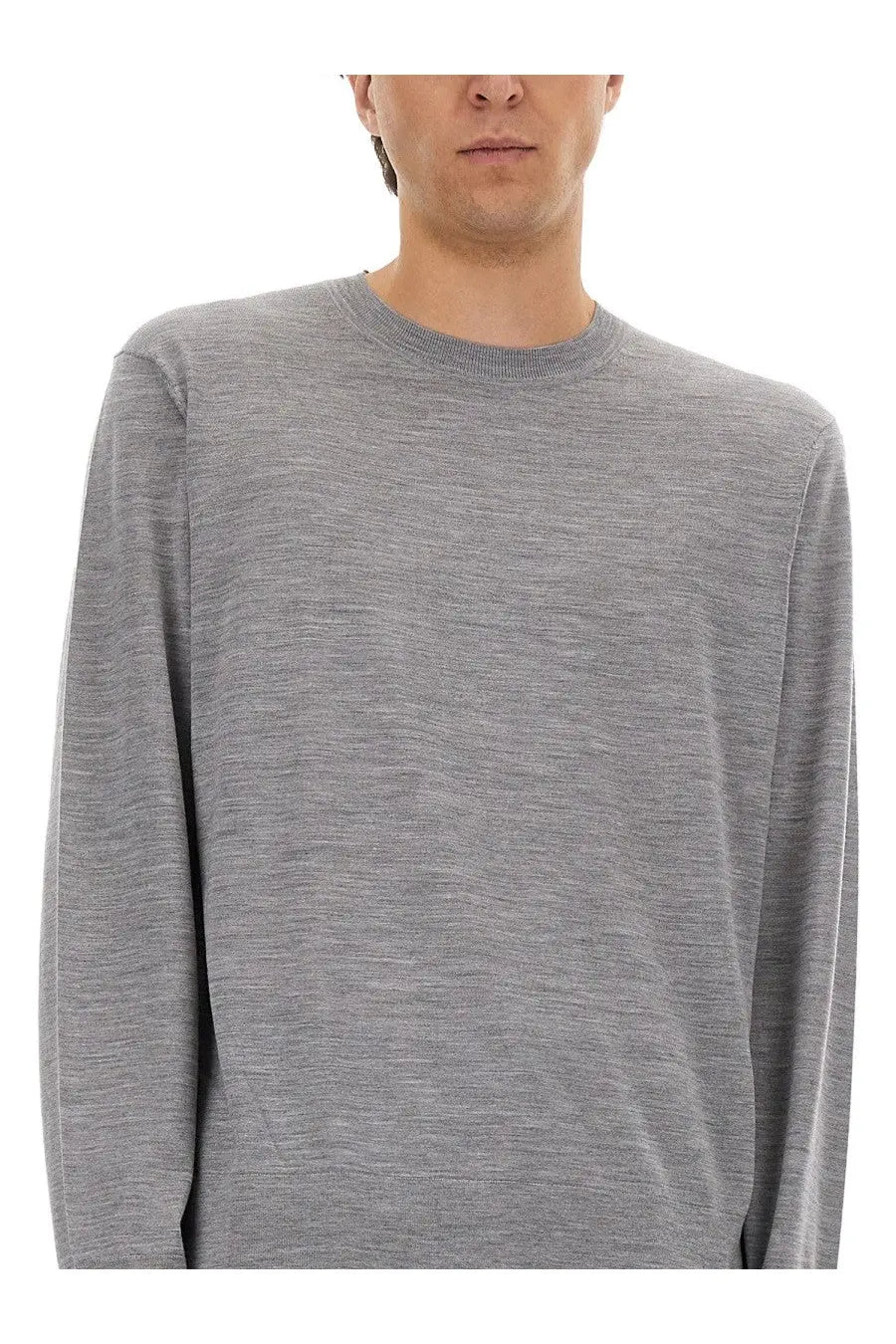 Theory men’s wool jersey grey long-sleeve crewneck sweater with soft heathered textured knit fabric