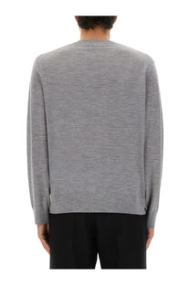 Theory men’s grey wool jersey long-sleeved sweater with soft textured knit in heathered fabric