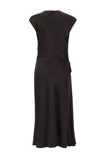Theory women’s abito twist bodice satin grey midi dress with a fitted bodice and flowing skirt in sleek black satin